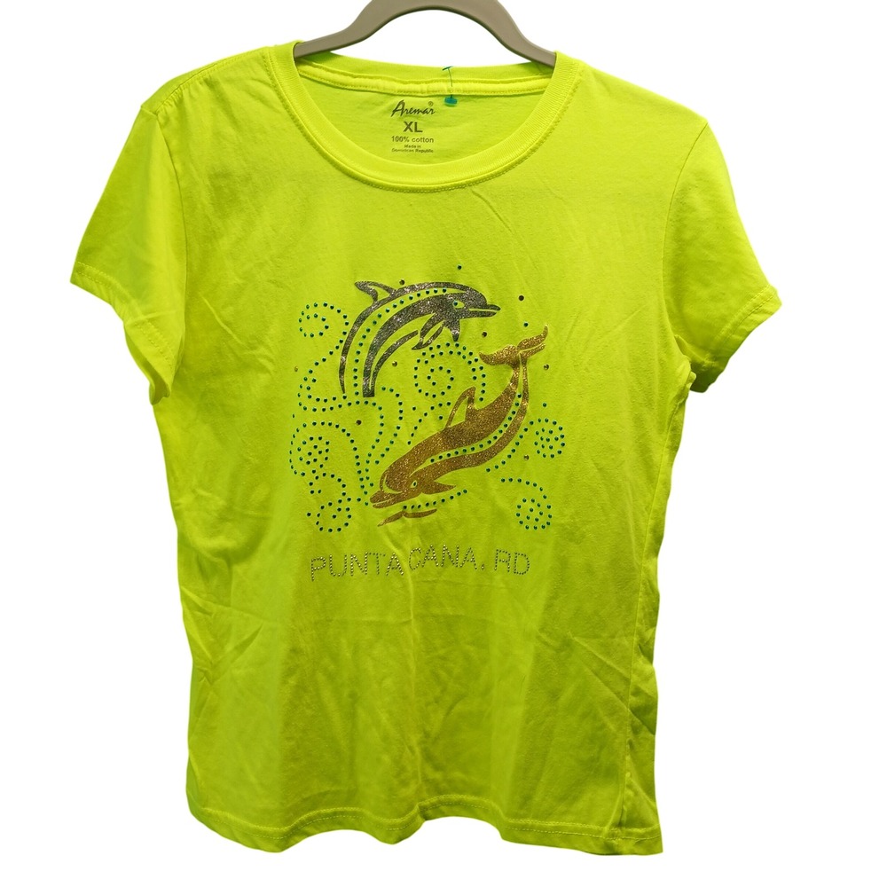 Aremar Graphic Tee XL Neon Yellow Punta Cana Dolphin Rhinestone Y2K Souvenir